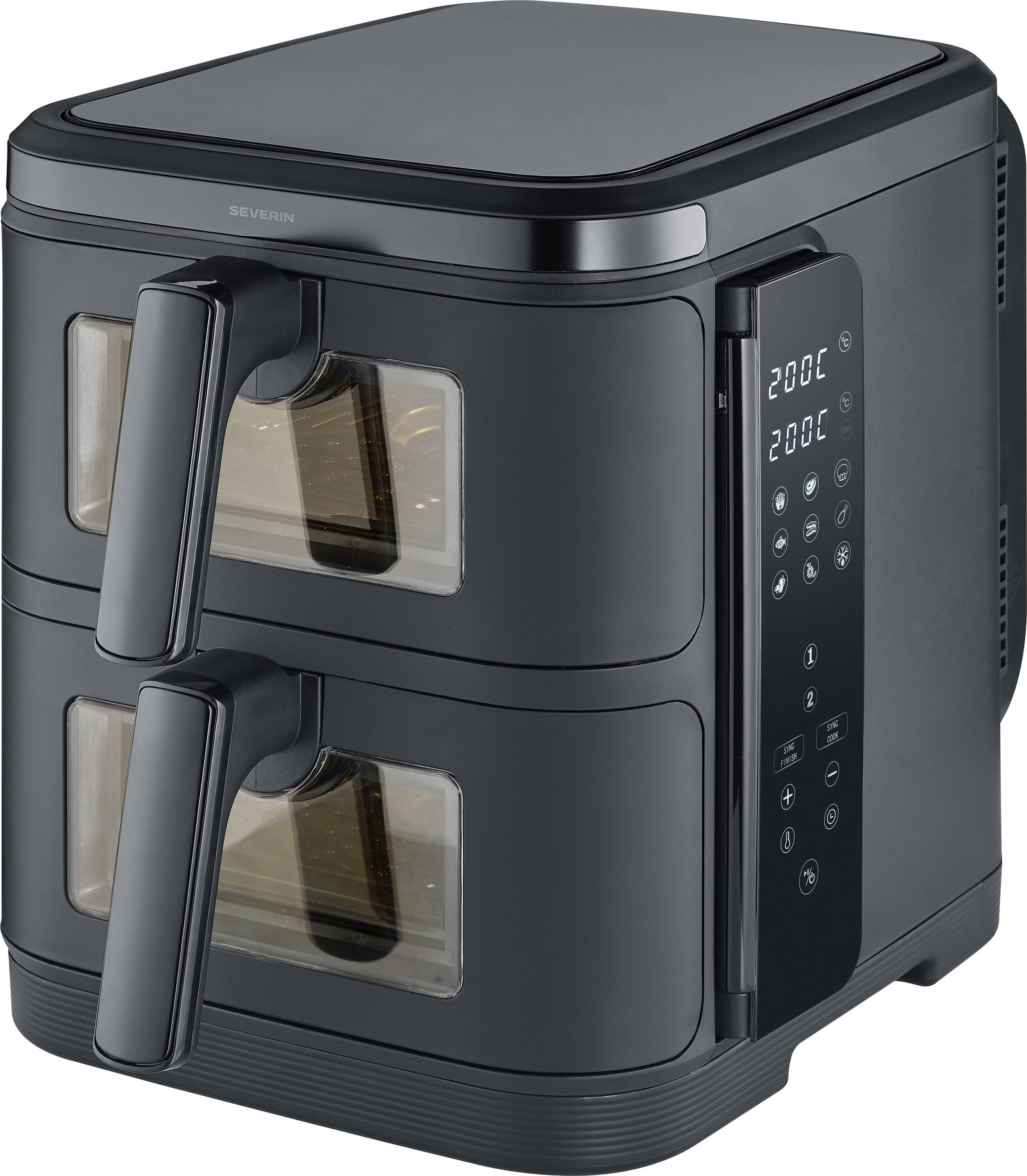 Ein schwarzer Doppelkorb-Luftfryer mit digitalem Bedienfeld, das Temperaturen und Einstellungen auf der rechten Seite anzeigt.