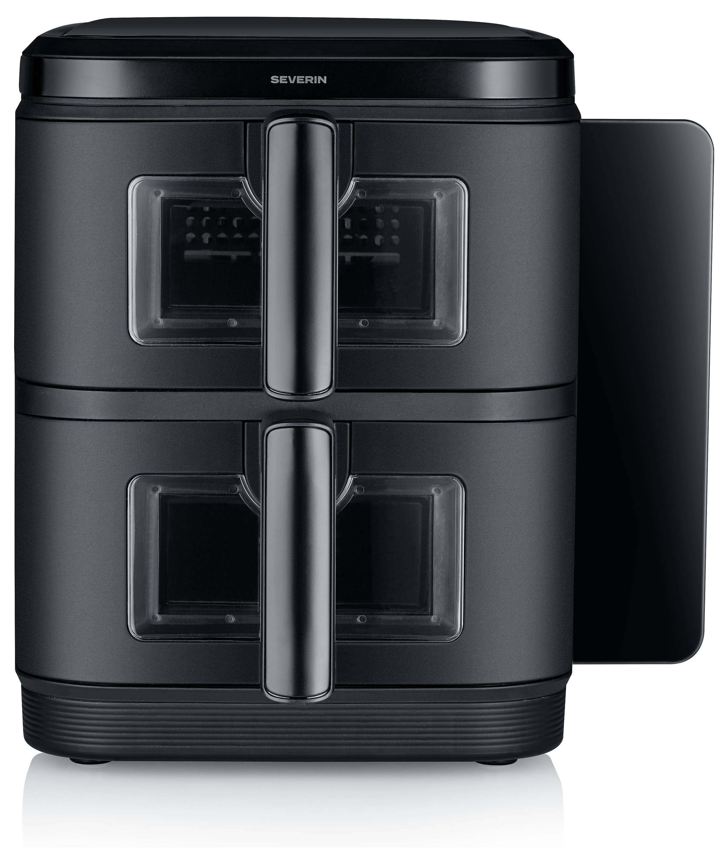 „Doppelkammer-Heißluftfritteuse mit Pommes Frites im oberen Behälter und einem Hähnchenstück im unteren Behälter. Beide garen."