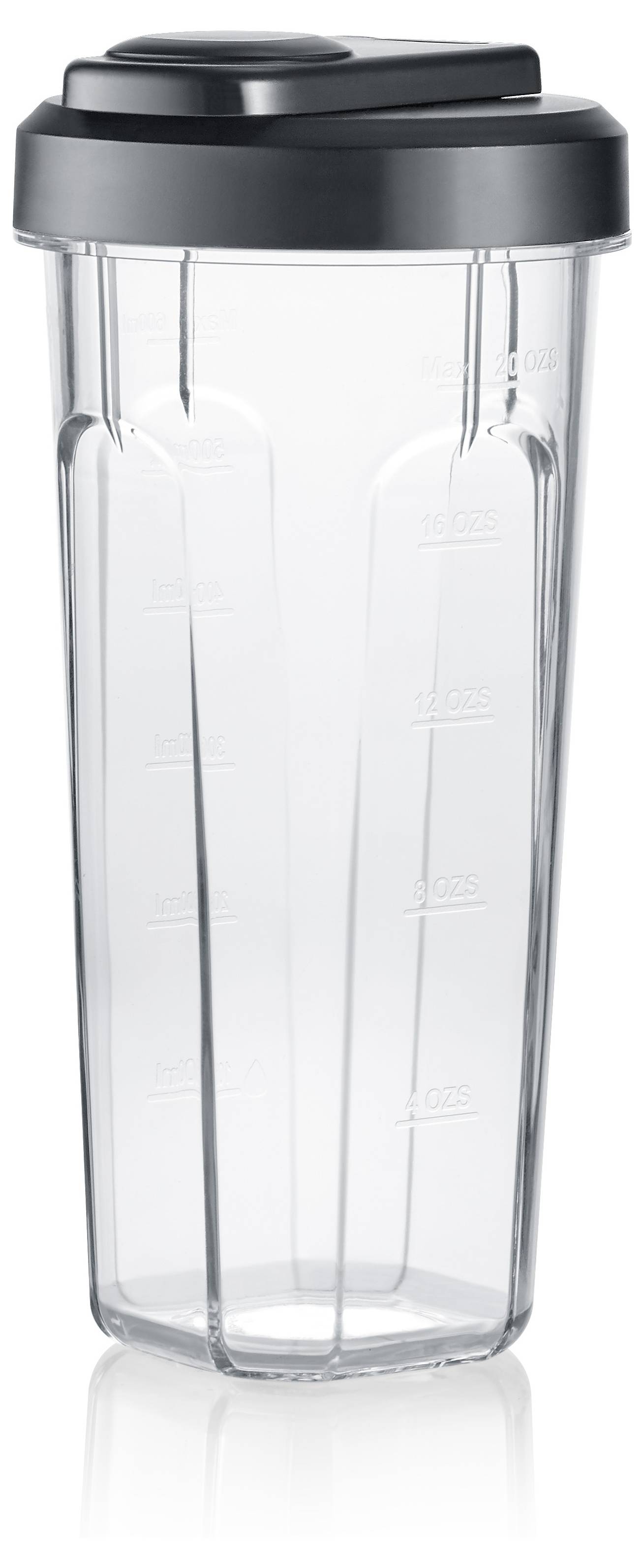 Ein transparenter Kunststoffmixer mit schwarzem Deckel und Messskalen auf der Seite.