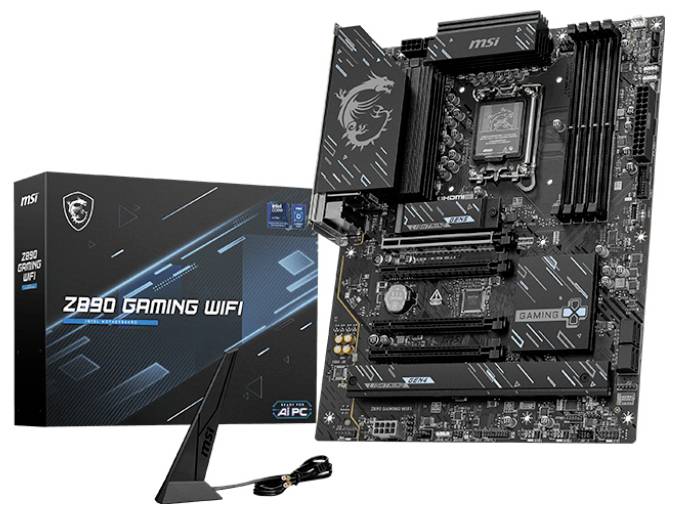 MSI Z590 GAMING WIFI Motherboard mit Verpackung und Antenne, mit schwarzem Design mit metallischen Akzenten und Gaming-Konnektivitätsfunktionen.