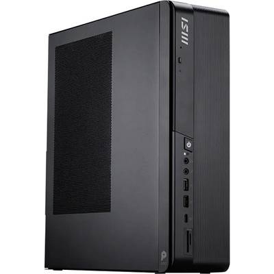 Schwarzer MSI Mini-PC-Tower in Dreiviertelvorderansicht gezeigt, mit sichtbarem vorderen Stromschalter, USB-Anschlüssen und Kopfhöreranschlüssen.