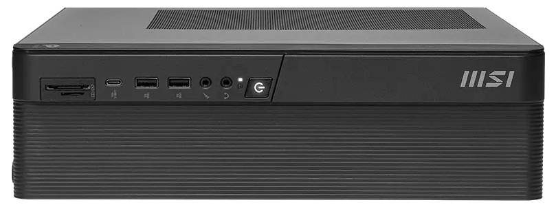 Vorderansicht eines schwarzen MSI-Desktop-Computergehäuses mit USB-Anschlüssen an der Vorderseite, Audiobuchsen und Netzschalter.