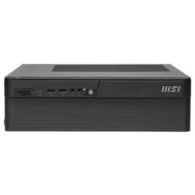 Vorderansicht eines schwarzen MSI-Desktop-Computergehäuses mit USB-Anschlüssen an der Vorderseite, Audiobuchsen und Netzschalter.