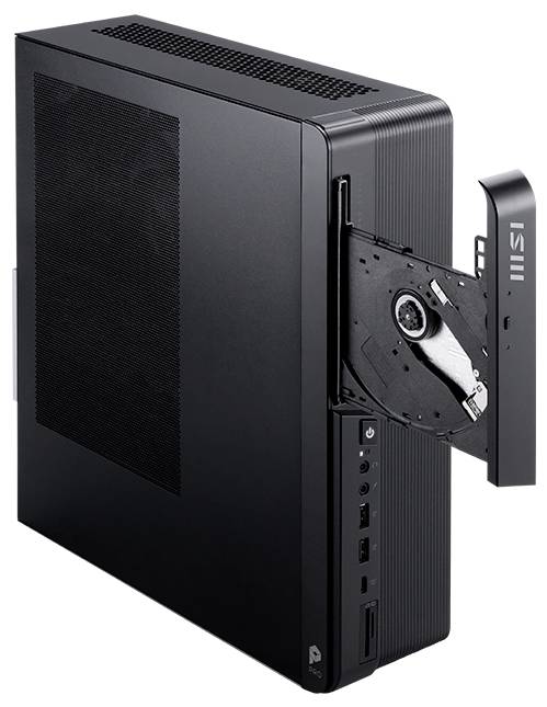 Schmales schwarzes Desktop-Computergehäuse mit geöffnetem Fach des optischen Laufwerks an der Vorderseite, das den internen Laufwerkmechanismus und die Anschlüsse an der Vorderseite zeigt.