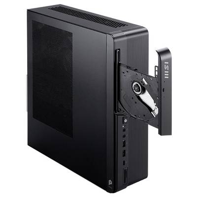Schmales schwarzes Desktop-Computergehäuse mit geöffnetem Fach des optischen Laufwerks an der Vorderseite, das den internen Laufwerkmechanismus und die Anschlüsse an der Vorderseite zeigt.