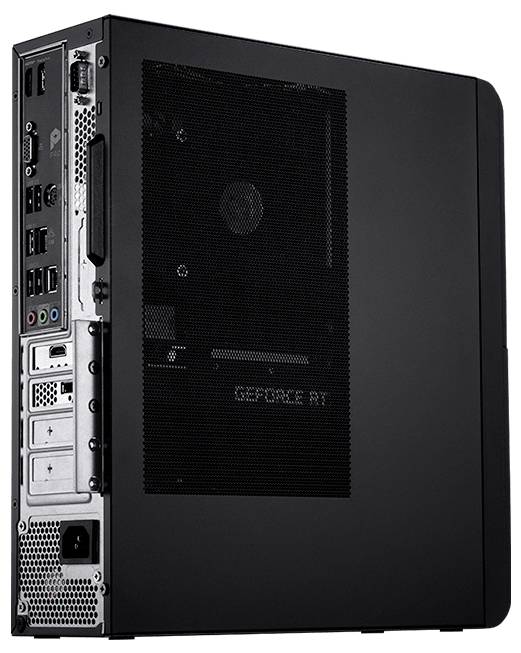 Rückansicht eines Desktop-PC-Gehäuses mit Anschlüssen der Rückseite und einem seitlichen Lüftungsgitter mit sichtbarer GeForce RTX-Grafikkarte im Inneren.