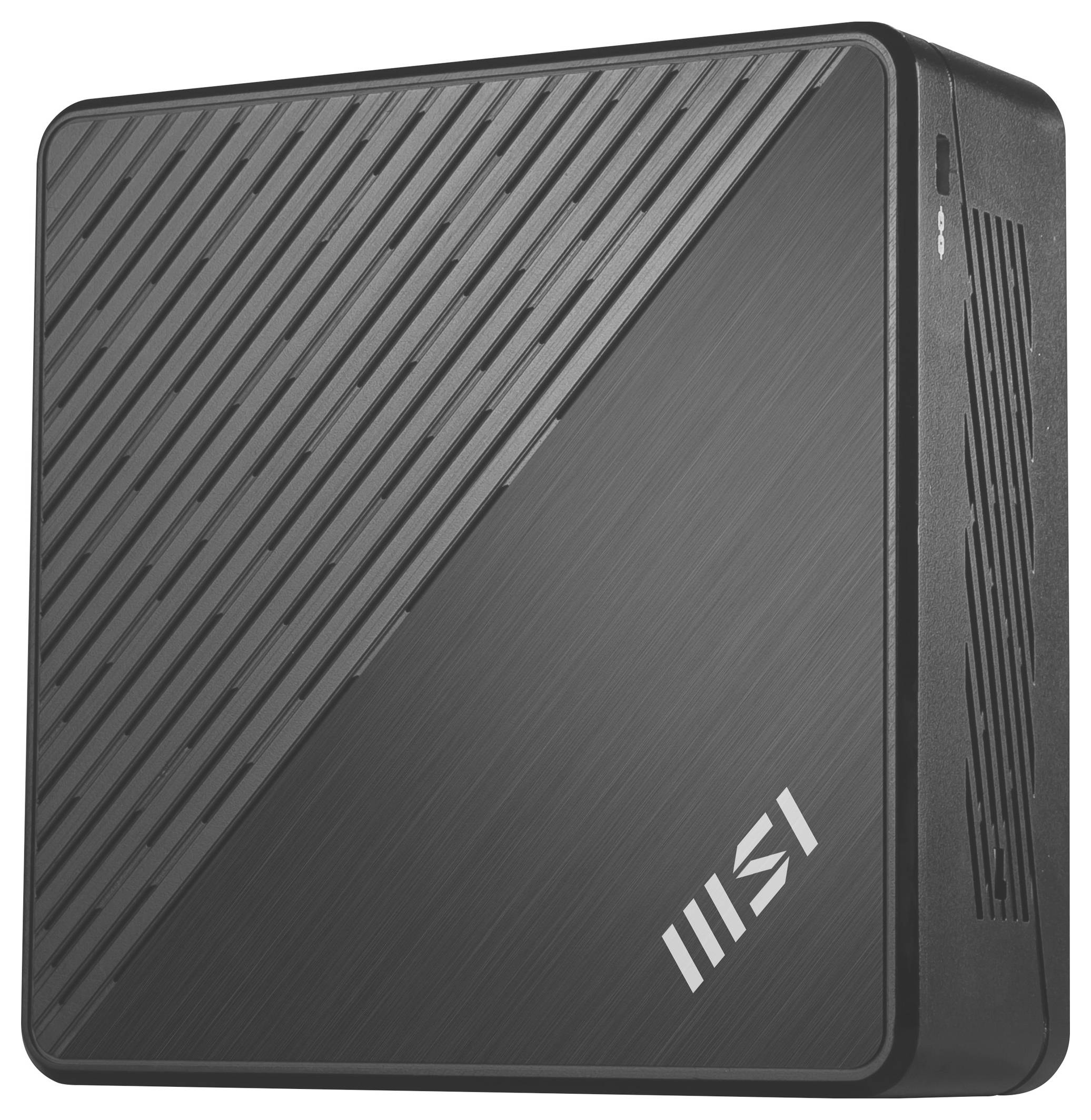 Ein kompaktes schwarzes Mini-Desktop-Computergehäuse mit diagonalen Rillen und einem "MSI"-Logo in der unteren Ecke.