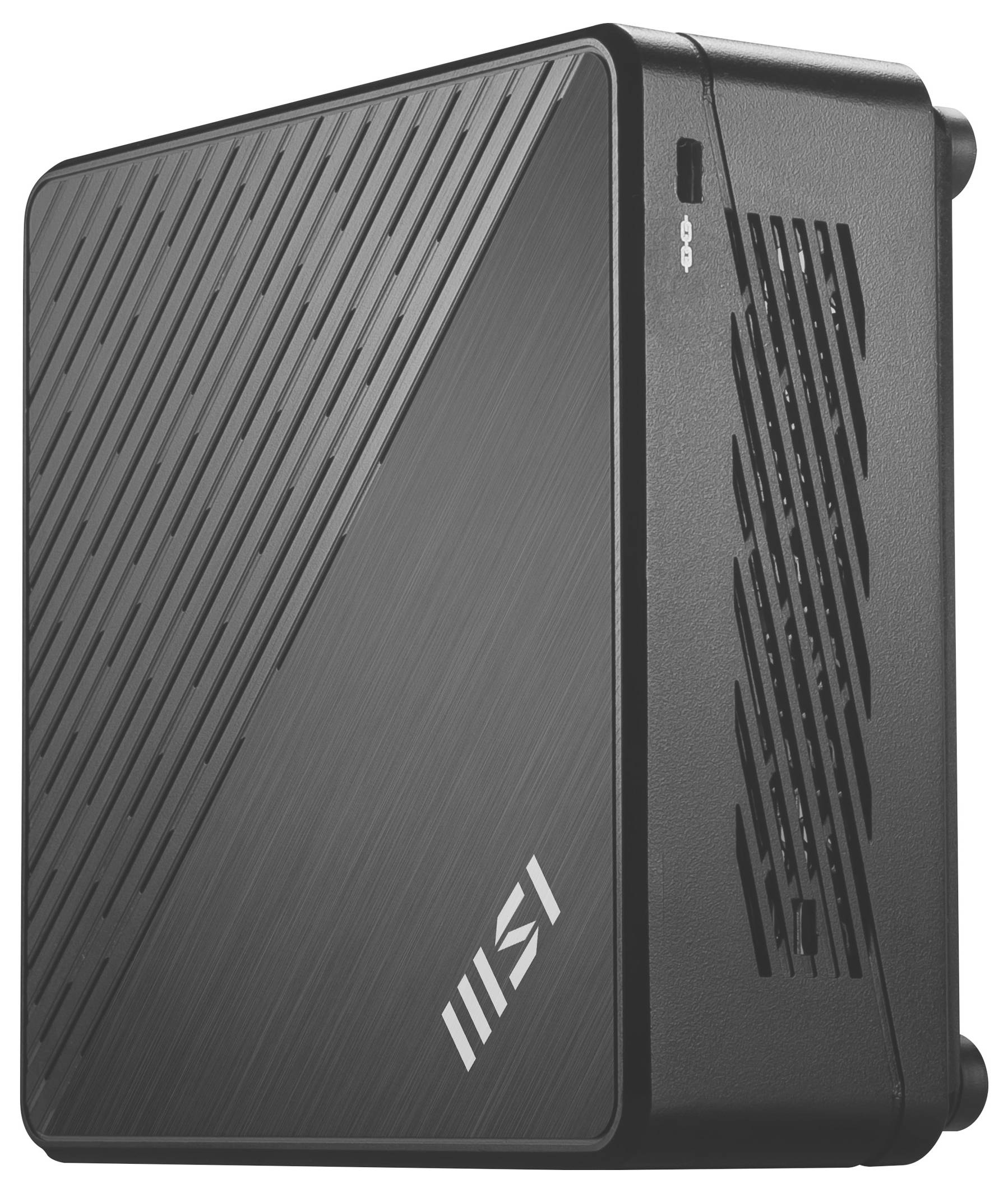 Ein kompakter, schwarzer Mini-PC mit diagonalen Lüftungsschlitzen auf der Oberseite, USB-Anschluss auf der Vorderseite und Markenlogo in der unteren Ecke.