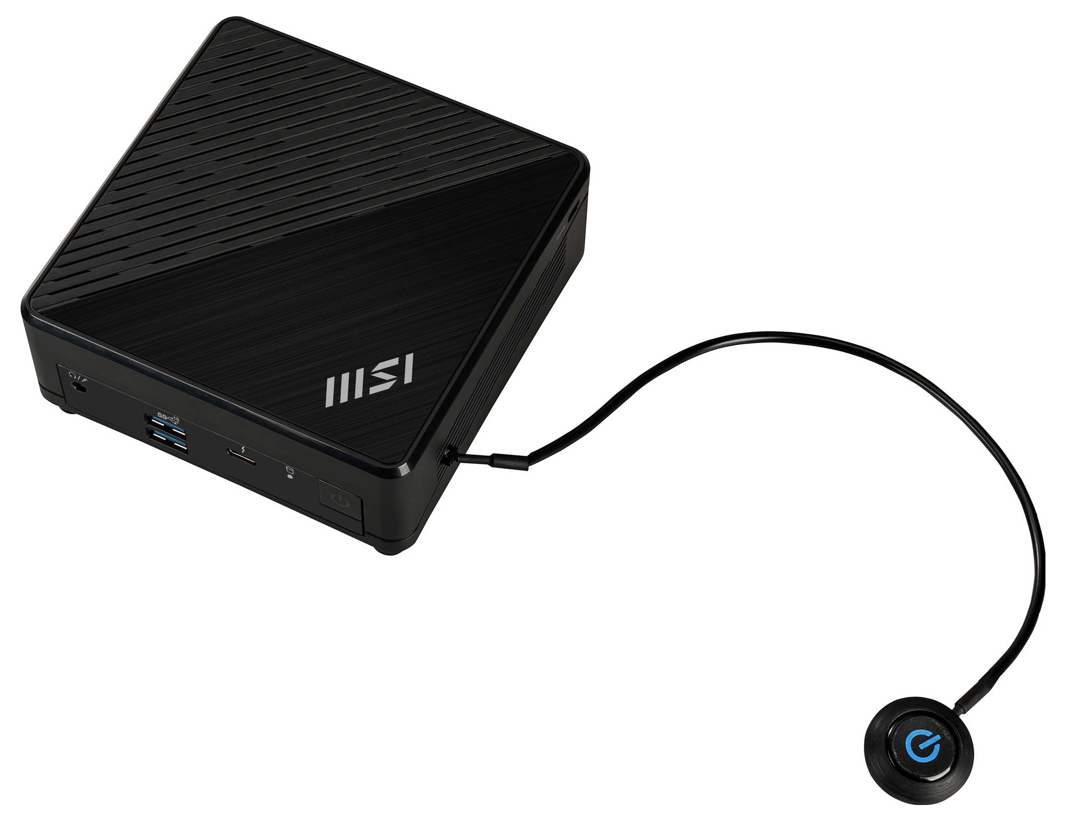 Ein kompakter, schwarzer Mini-PC mit strukturierter Oberseite, der USB-Anschlüsse zeigt und über ein Kabel mit einem runden Stromschalter mit blauem 'G'-Symbol verbunden ist.