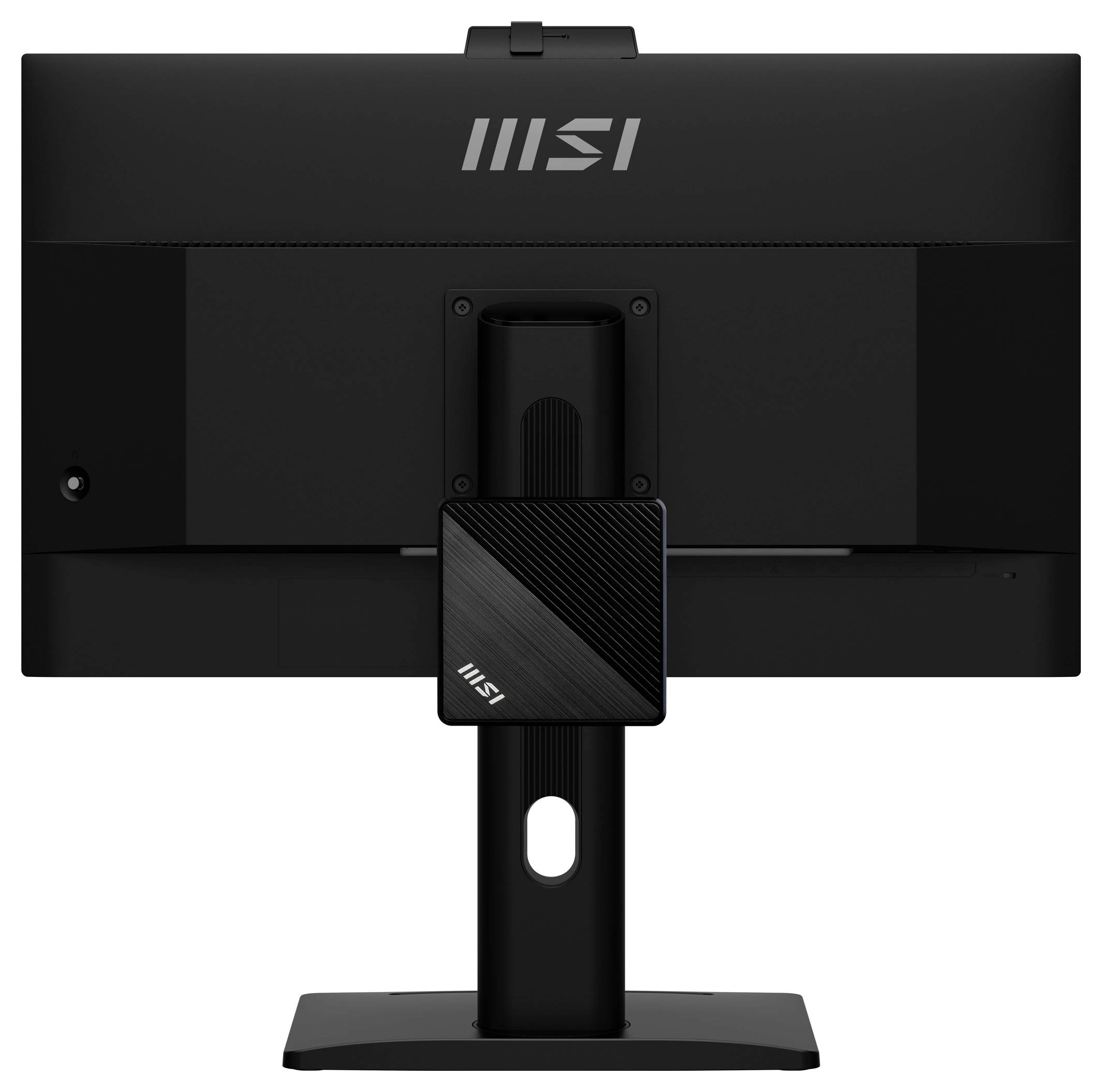 Ein schwarzer Monitor mit Rückansicht, zentralem Ständer und dem „MSI"-Logo oben.