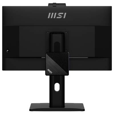 Ein schwarzer Monitor mit Rückansicht, zentralem Ständer und dem „MSI"-Logo oben.