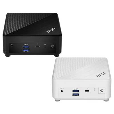 Schwarze und weiße MSI-Mini-Desktop-PCs in Vorder- und Draufsicht gezeigt, jeweils mit USB-Anschlüssen, Audiobuchse und Stromschalter.