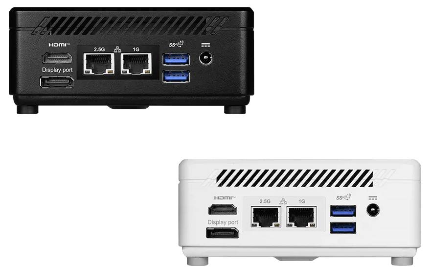 Schwarzweiße kompakte Mini-PCs in Frontalansicht, jeder mit HDMI und DisplayPort, dualen Ethernet-Anschlüssen, zwei USB-A-Anschlüssen und einem Netzschalter.
