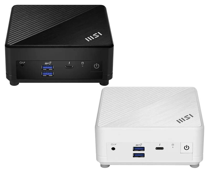 Zwei MSI Mini-Desktop-PCs in Schwarz und Weiß, Vorderansicht, mit USB-Anschlüssen, Stromschalter und kompaktem Gehäusedesign.