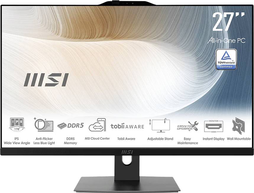 MSI All-in-One-PC mit 27-Zoll-Display im Monitor-Stil, TÜV Rheinland-Zertifizierung und Funktionssymbolen für breite Betrachtungswinkel, Flimmerreduzierung, DDR5, Cloud Center, verstellbaren Ständer und Wandmontierbarkeit.