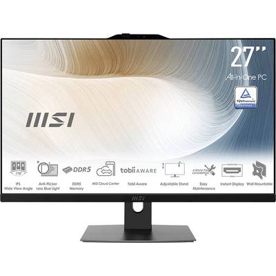 MSI All-in-One-PC mit 27-Zoll-Display im Monitor-Stil, TÜV Rheinland-Zertifizierung und Funktionssymbolen für breite Betrachtungswinkel, Flimmerreduzierung, DDR5, Cloud Center, verstellbaren Ständer und Wandmontierbarkeit.