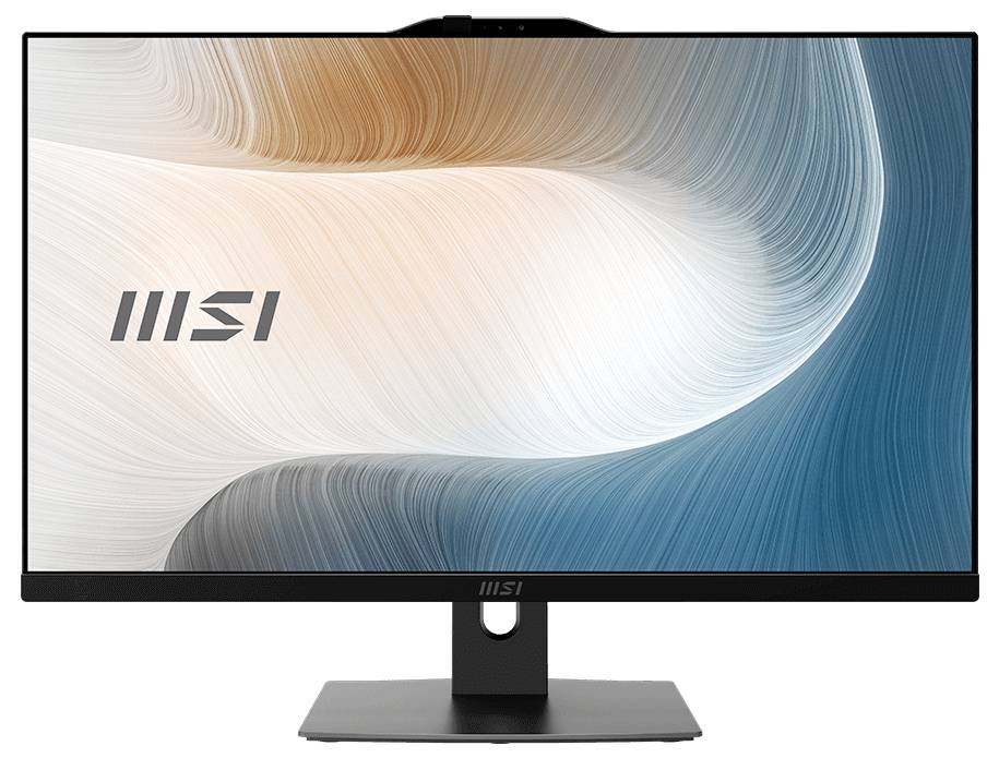 MSI-Computermonitor mit einem weißen, grauen und blauen abstrakten Wellen-Hintergrundbild auf dem Bildschirm, frontal auf einem Ständer gezeigt.
