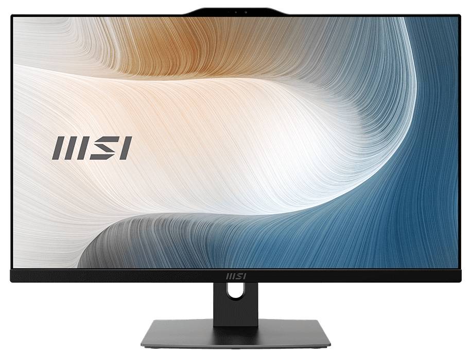 MSI-Desktop-Monitor mit abstrakt geschwungenem blauem, weißem und orangefarbenem Hintergrundbild auf dem Bildschirm.