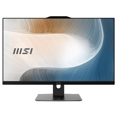 MSI-Desktop-Monitor mit abstrakt geschwungenem blauem, weißem und orangefarbenem Hintergrundbild auf dem Bildschirm.