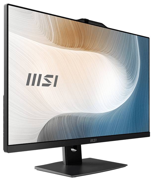 MSI Flachbildschirm-Computermonitor mit breitem, dünnrahmigem Bildschirm und schwarzem Ständer, in einem Winkel auf weißem Hintergrund dargestellt.