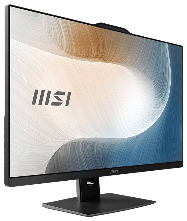MSI-Computermonitor mit einem gebogenen, abstrakten blau, weiß und beige gefärbten Display auf einem schwarzen Ständer.