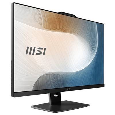 MSI-Computermonitor mit einem gebogenen, abstrakten blau, weiß und beige gefärbten Display auf einem schwarzen Ständer.