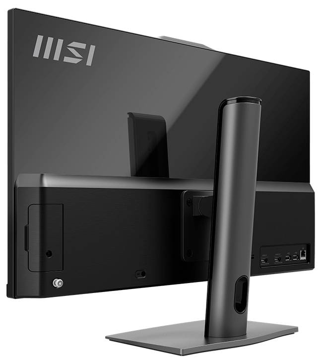 Rückansicht eines schwarzen MSI All-in-One-Monitors auf einem Ständer, die das Rückenpaneel, die Anschlüsse und die verstellbare Halterung zeigt.