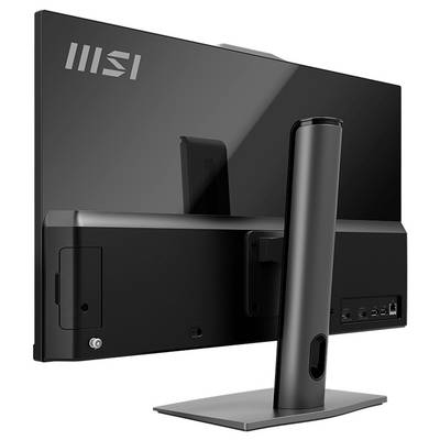 Rückansicht eines schwarzen MSI All-in-One-Monitors auf einem Ständer, die das Rückenpaneel, die Anschlüsse und die verstellbare Halterung zeigt.