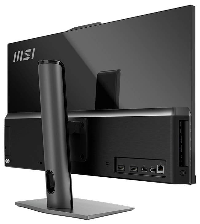 Rückansicht eines MSI-Monitors mit Ständer, die die Rückseite, die hinteren Anschlüsse und die seitlichen USB-Anschlüsse auf einem schwarzen Display zeigt.