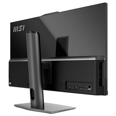 Rückansicht eines MSI-Monitors mit Ständer, die die Rückseite, die hinteren Anschlüsse und die seitlichen USB-Anschlüsse auf einem schwarzen Display zeigt.