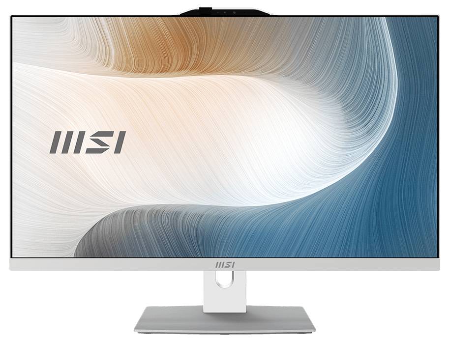MSI-Computermonitor mit abstraktem Wellen-Tapetenmotiv in Weiß, Blau und Beige auf dem Bildschirm und dem MSI-Logo auf der Anzeige