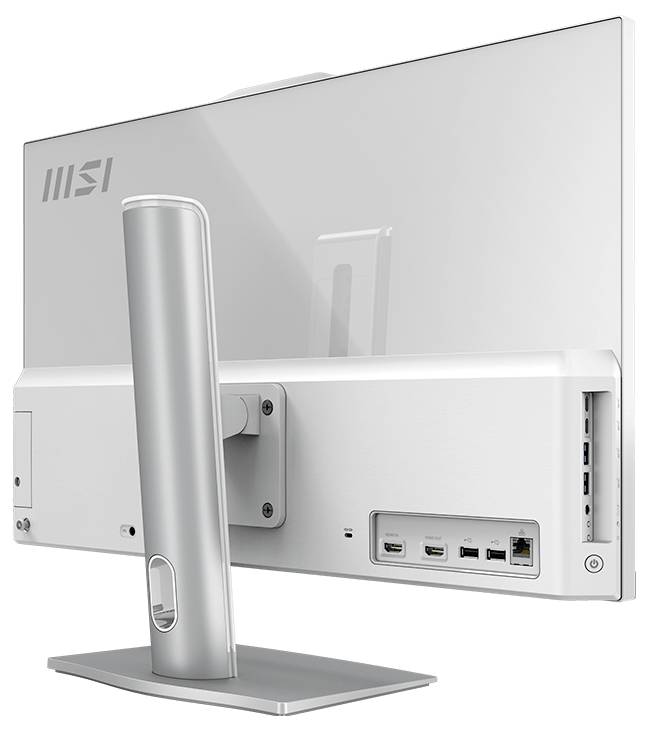 Rückansicht eines MSI All-in-One Desktop-Computers auf einem Ständer, der die Rückseite und die Anschlüsse zeigt.