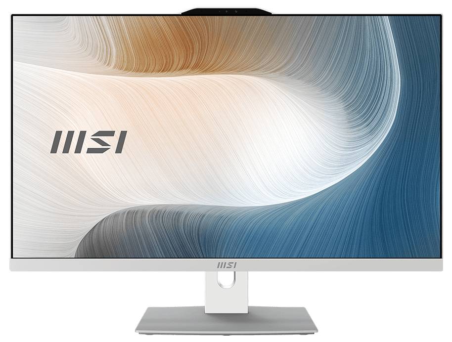 Vorderansicht eines MSI-Desktop-Monitors mit einem weiß-blauen abstrakten Wirbel-Hintergrundbild und MSI-Logo auf dem Bildschirm, angezeigt auf einem silbernen Ständer.