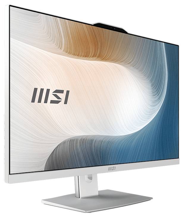 MSI Flachbildschirm-Computermonitor mit abstraktem Wellen-Muster in Weiß, Grau, Beige und Blau auf dem Bildschirm angezeigt.