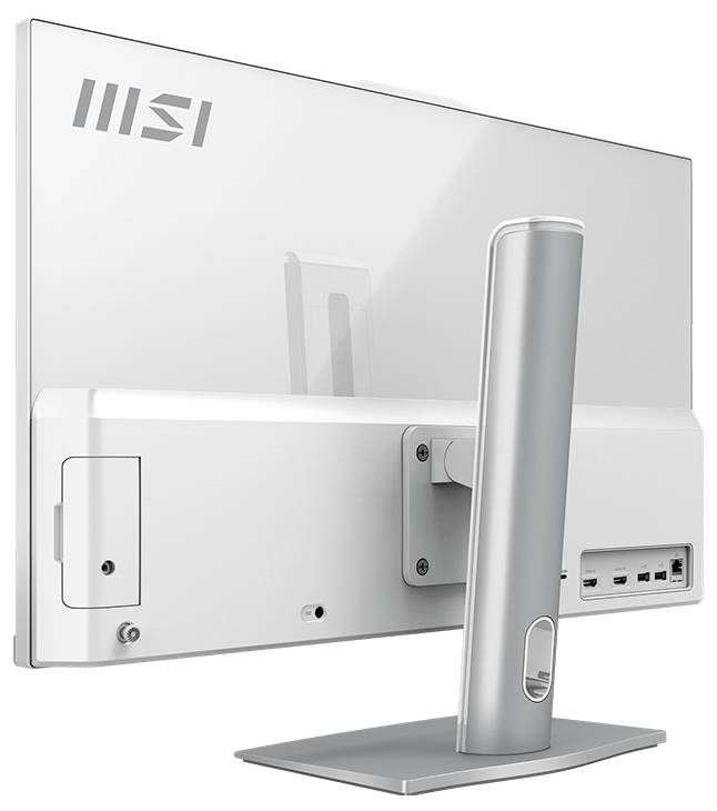 Rückansicht eines silbernen MSI All-in-One-Monitors mit Ständer, Anschlüssen und Befestigungspanel.