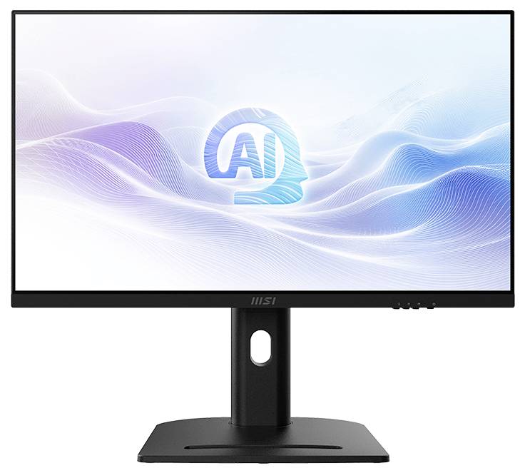 MSI-Computermonitor mit blauem „KI"-Grafikdesign auf einem Lichtwellenhintergrund, auf einem Ständer vor weißem Hintergrund angezeigt.