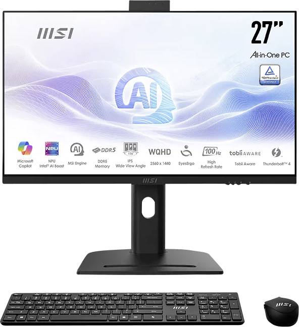 MSI 27-Zoll All-in-One-PC mit Ständer, Tastatur und Maus, mit KI-Design auf dem Display und WQHD 2560×1440, 100Hz und Thunderbolt-4-Symbolen.