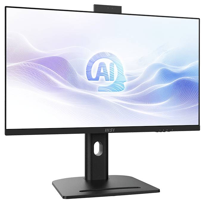 MSI-Desktop-Monitor zeigt ein blaues KI-Symbol auf einem sanften Wellenhintergrund an, montiert auf einem Ständer mit integrierter Webcam.