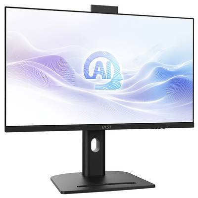 MSI-Desktop-Monitor zeigt ein blaues KI-Symbol auf einem sanften Wellenhintergrund an, montiert auf einem Ständer mit integrierter Webcam.