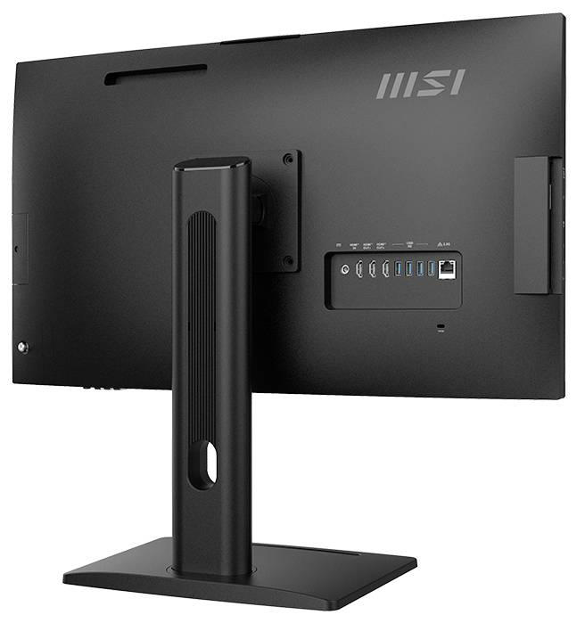 Rückansicht eines MSI-Monitors mit Standfuß, Kabelmanagement und rückwärtigen Anschlüssen einschließlich HDMI, USB und Ethernet.