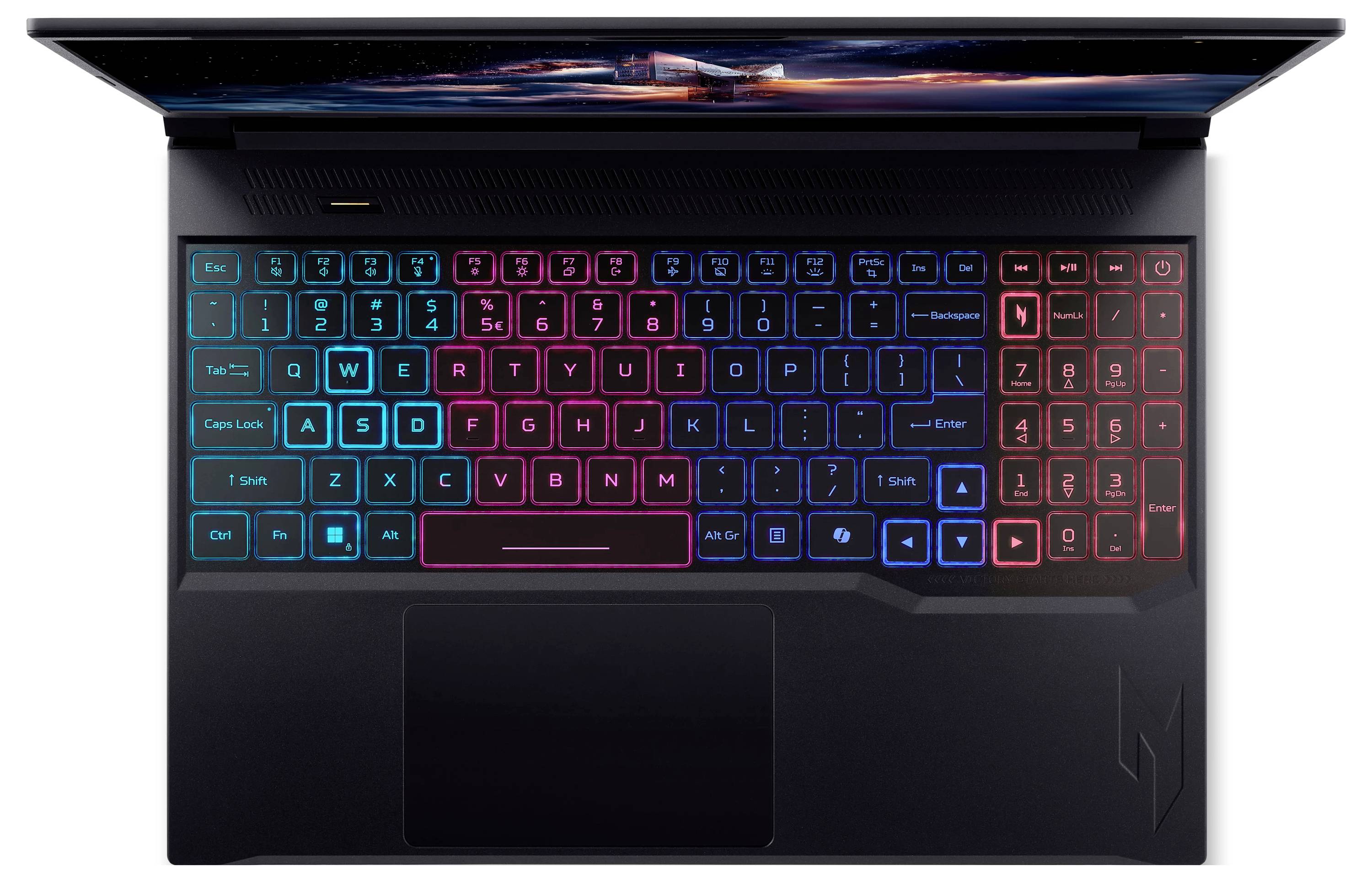 Eine Laptop-Tastatur mit beleuchteter Gestaltung, die einen Farbverlauf von Blau bis Rot zeigt. Der Laptop ist offen und zeigt einen Teil des Bildschirms.