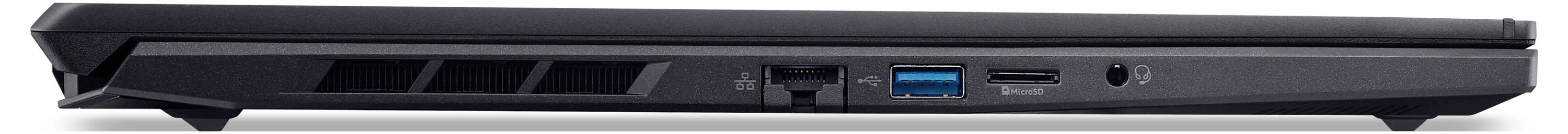 Seitenseitenansicht des Laptops mit Anschlüssen: USB, USB-C, HDMI und ein Ethernet-Anschluss, mit Lüftungsschlitzen auf der linken Seite.
