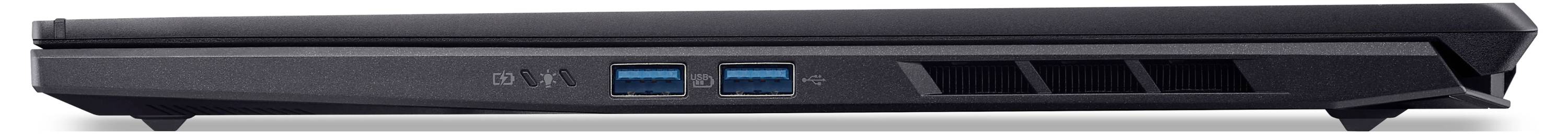 Ein von der Seite betrachteter geschlossener Laptop, der Belüftungsgitter und zwei USB-Anschlüsse zeigt und die Konnektivitäts- und Kühlungsfunktionen anzeigt.
