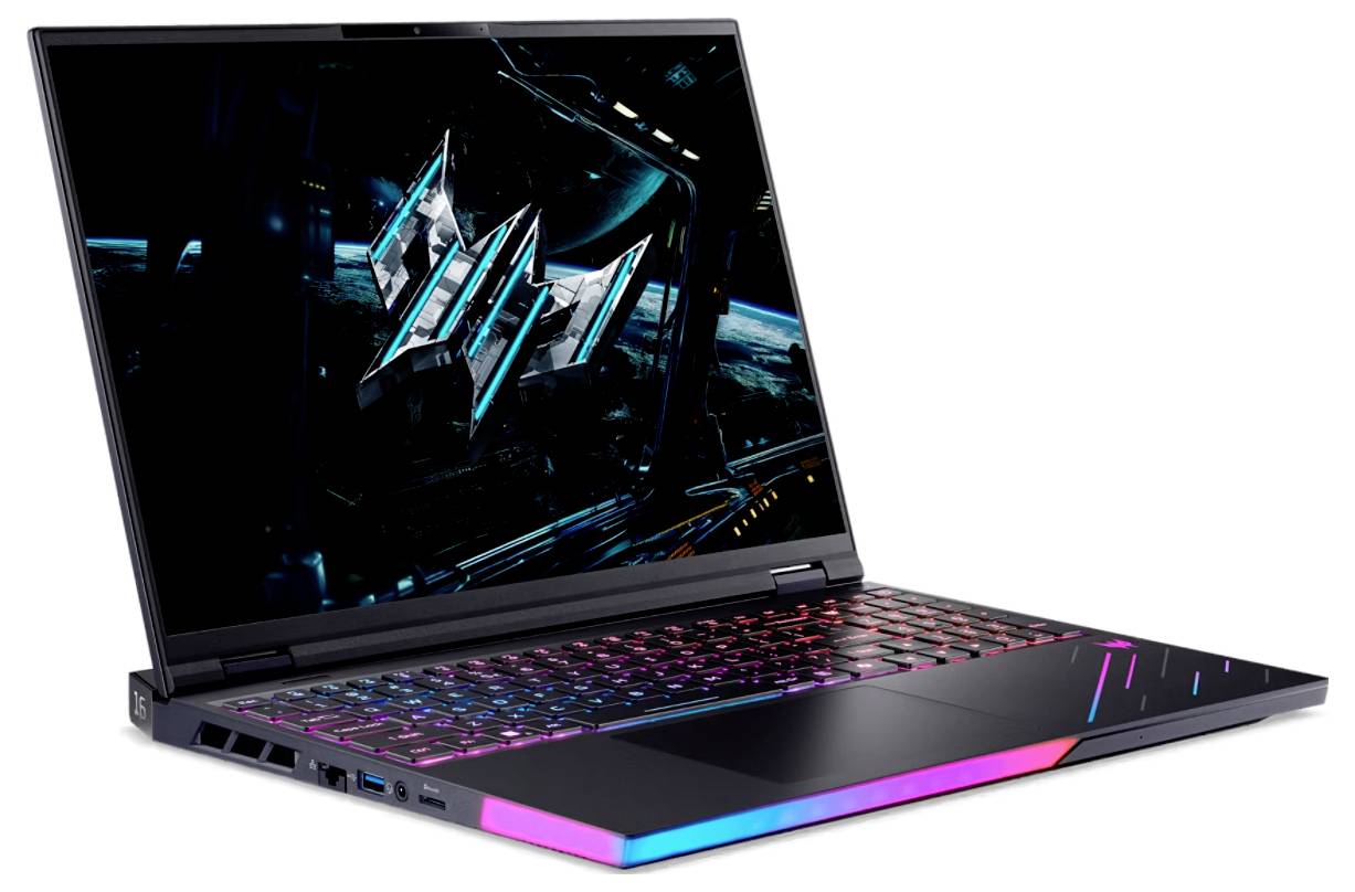 Ein eleganter Gaming-Laptop mit leuchtender Tastatur und scharfem geometrischem Design auf dem Bildschirm, der eine futuristische Ästhetik präsentiert.