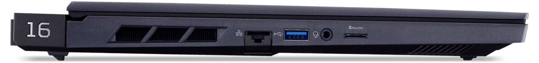 Seitenansicht eines dunklen Laptops mit einer auf der Rückseite gedruckten "16", mit sichtbaren Anschlüssen einschließlich USB, Ethernet, HDMI und Kopfhörerbuchse.