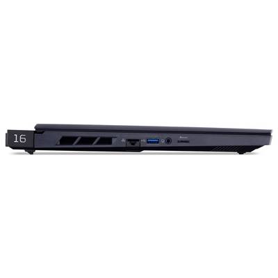 Seitenansicht eines dunklen Laptops mit einer auf der Rückseite gedruckten "16", mit sichtbaren Anschlüssen einschließlich USB, Ethernet, HDMI und Kopfhörerbuchse.