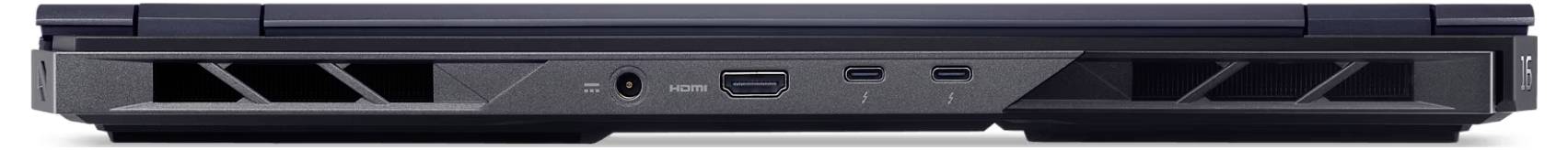 Ein Laptop von hinten betrachtet, mit Belüftungsöffnungen und drei Anschlüssen: ein großer Anschluss und zwei kleinere USB-ähnliche Anschlüsse.