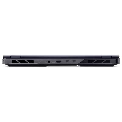 Ein Laptop von hinten betrachtet, mit Belüftungsöffnungen und drei Anschlüssen: ein großer Anschluss und zwei kleinere USB-ähnliche Anschlüsse.