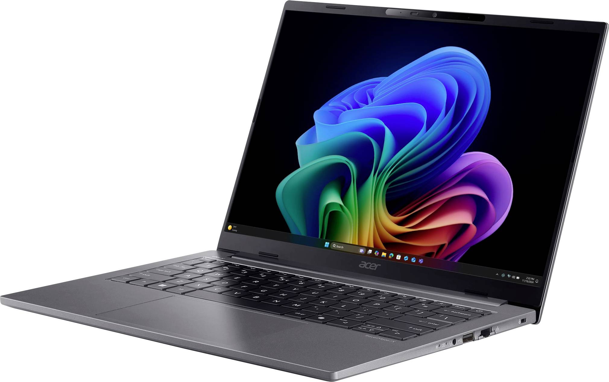 Ein grauer Laptop mit einem farbenfrohen abstrakten Hintergrundbild auf dem Bildschirm, vor einem schlichten Hintergrund.