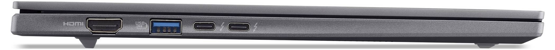 Ein von links betrachtetes geschlossenes Laptop, das einen HDMI-Anschluss, zwei USB-Anschlüsse und zwei kleine kreisförmige Anschlüsse zeigt.